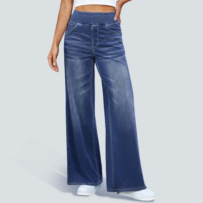 FireSwan Women's Wide Leg Jeans High Waisted Stretchy Denim Pants Elastic Waist Pull On Sweatpant Jeans Trendy Baggy Loose All Seasons Minimalist Basic Trouser Pocket Streetwear Womenswear Bottoms Basic