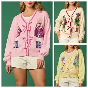 Sparkly Christmas Cardigan for Women Ugly Christmas Sweater Sequin Nutcracker Knitted Long Sleeve Top Glitter Bow Sweaters Open front Bow Knot Cardigans