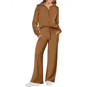 Women's 2-Piece Casual Long Sleeve Lounge Set, 2025 Half-Zip Sweatshirt & Wide Leg Sweatpant Matching Outfit, Polyester Sports Tracksuit