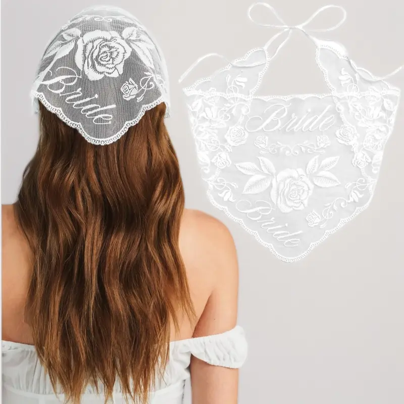 White Lace Headscarf for Bride: Embroidered Tulle Bridal Scarf, Bachelorette & Bridal Shower Hair Accessory, Wedding or Engagement Gift