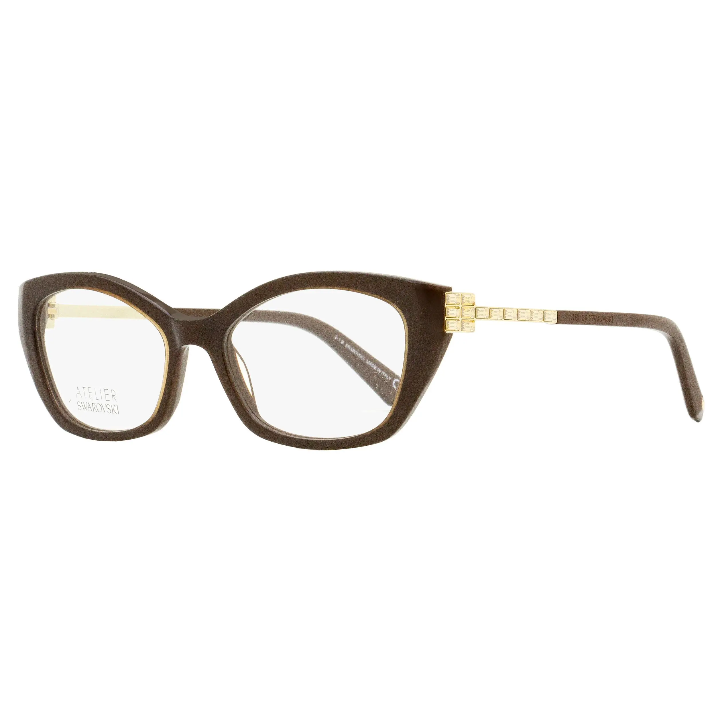 Swarovski Atelier SK5361P Women's Rectangular Eyeglasses with Exclusive Crystal Accents, Brown and Gold Statement Frames, 52mm, Rectangular Glasses, Statement Frame Glasses, Exquisite Detail, Demo Lens