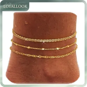 LOYALLOOK Ankle Bracelets for Women Waterproof, 14K Gold Plated Cuban Figaro Link Chain Beaded Anklets Set, Dainty Layered Anklets for Women Non Tarnish Summer Beach Foot Jewelry Adjustable Size