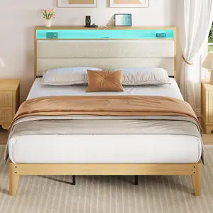 Garvee King Bed Frame with Fluffy Boucle Upholstery, Built-in LED Lighting, USB Charging Ports, Storage Side Shelves, and Sturdy Wood Slat Foundation, No Box Spring Needed, Beige