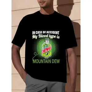 Men's Mountain Dew Blood Type Graphic Tee Soft Cotton Crewneck Short Sleeve Fitted Casual Summer Top Comfy Daily Wear Stylish Menswear Tshirt Round Neck