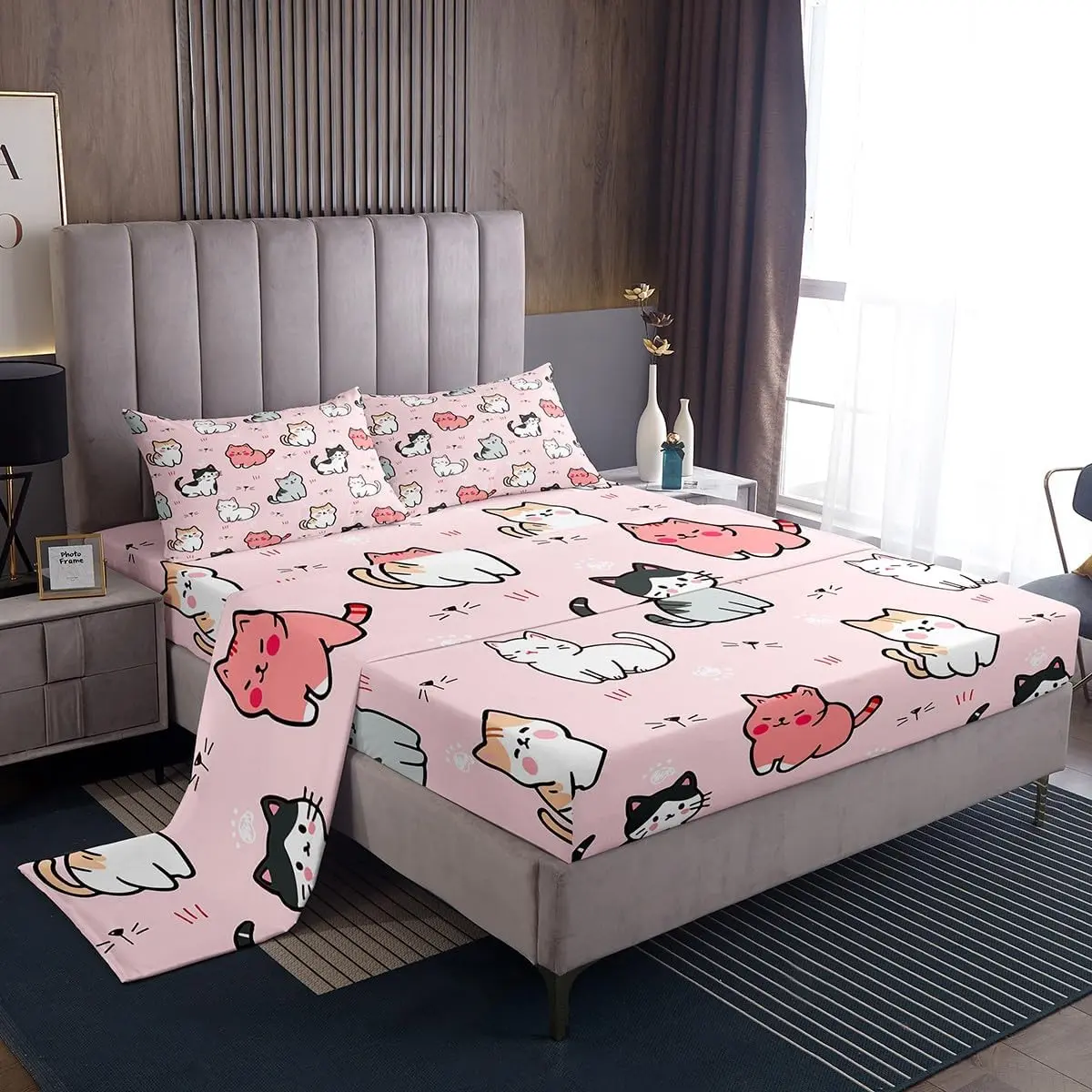Kids Cute Cat Sheet Set,Cartoon Pet Cats Bedding Set for,Kawaii Kitten Paw Print Bed Sheets,Cat Lover's Animal Themed Design Quilt Set Bedroom Collection
