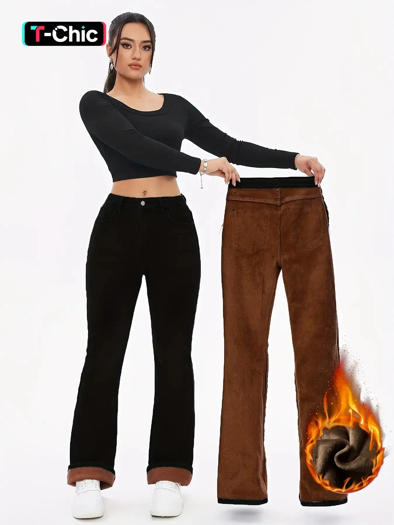 Women's Fall Winter Fleece Lined Thick Jeans, Warm Comfortable Soft Stretchy Woven Denim Jeans, High Waisted Fitted Slim Fit Casual Wear, Pants, Elegant, Chic, High Waisted Denim