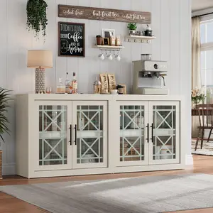 Garvee 71" White Buffet Sideboard with Storage, 32" Modern Tall Coffee Bar Cabinet with 4 Glass Doors, Kitchen Sideboard Buffet Table for Dining Room, Living Room