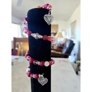 Beaded Memory Wire Bracelet Matte Red Hot Pink Glass Beads Fashion Accessory Gift For Her