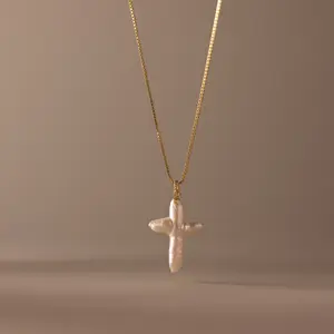 Baroque Pearl Cross Necklace by Caitlyn Minimalist - Organic Pearl Cross Pendant Necklace on Box Chain - Christian Jewelry - Gift for Her