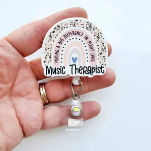 Music Therapist Badge Reel, Rainbow Retractable ID Holder with Lanyard & Carabiner K00