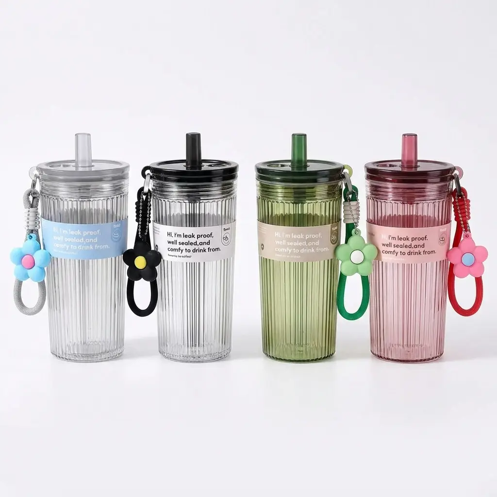 650ml Leakproof Straw Cup | 3D Ribbed Texture, Portable with Cute Flower Strap | Perfect for School, Work & Travel | Durable PC Material, Easy to Clean & Trendy Aesthetic Tumbler for Modern Lifestyle!