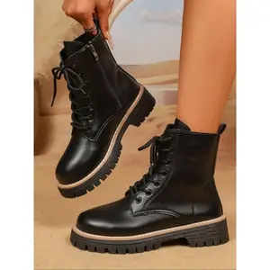 Women's High-Top Zipper Boots, Waterproof Lace-Up Work Engineer Boots, Lightweight Fall Winter Ankle Boots, Fashionable Rubber Sole Shoes