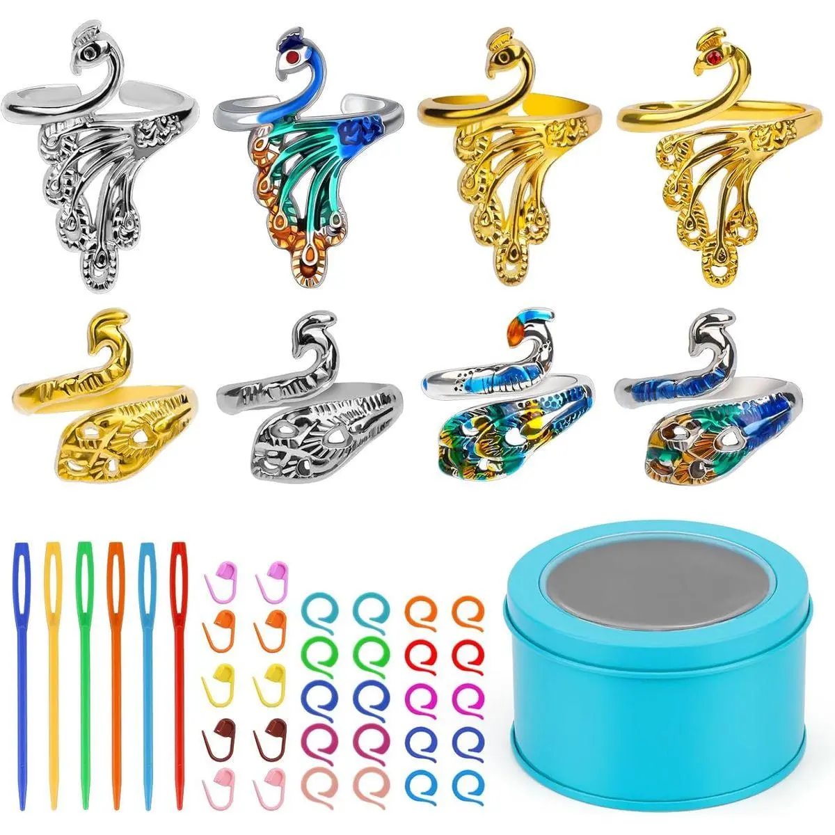 34 Pcs Adjustable Crochet Ring Set, 8 Pcs Knitting Ring, Tension Thimble for Crocheting, Thimble for Finger, Stitch Markers Plastic Needles for Beginners, Crochet Accessories with Storage Box