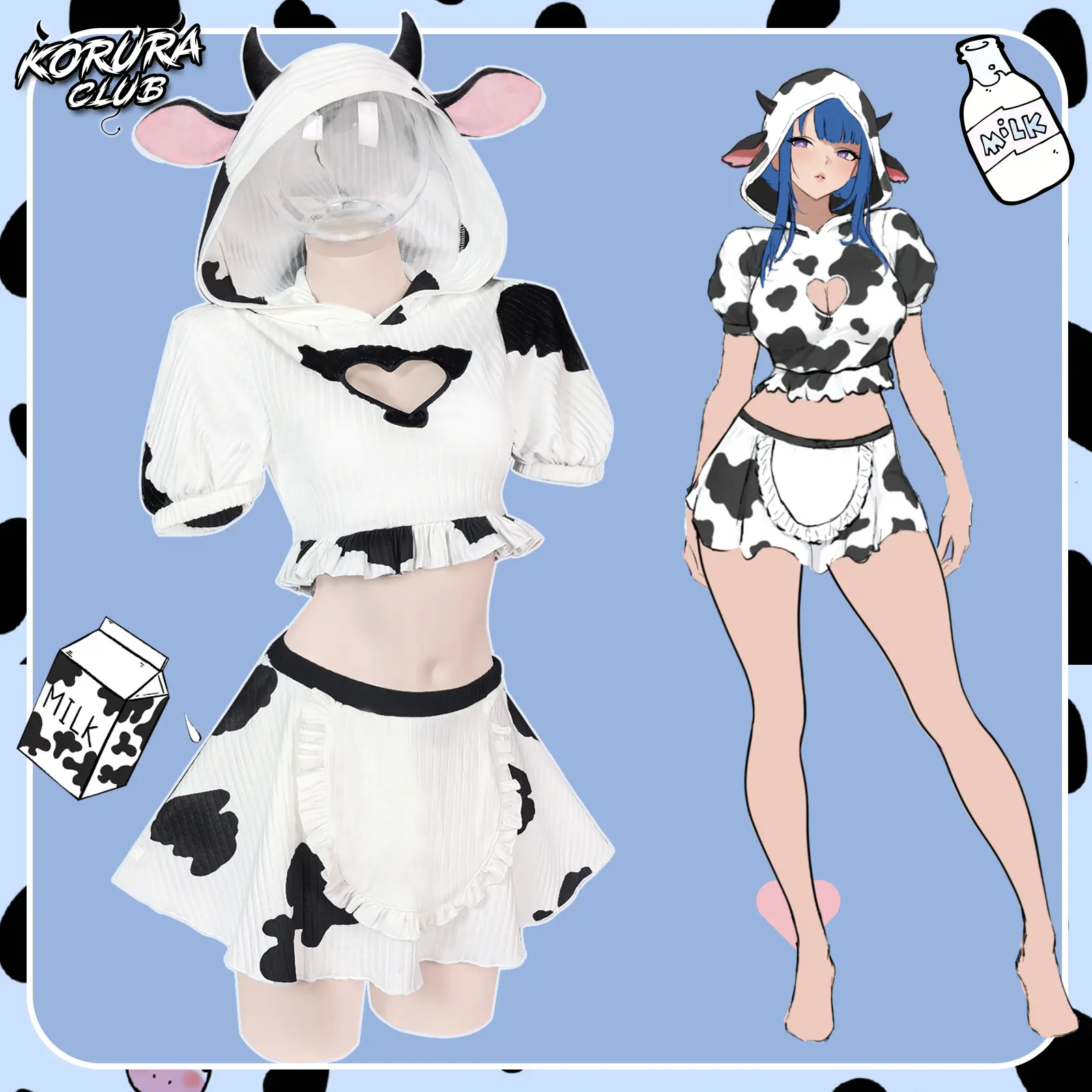 KORURACLUB KO155 Women's Halloween Costume - PU Fabric Hooded Crop Top with Cow Ears, Heart Cutout, Ruffled Short Skirt for Anime Maid Parties, Costume Ideas, Clothes, Character Ear Sets, Cartoon Animal Sets