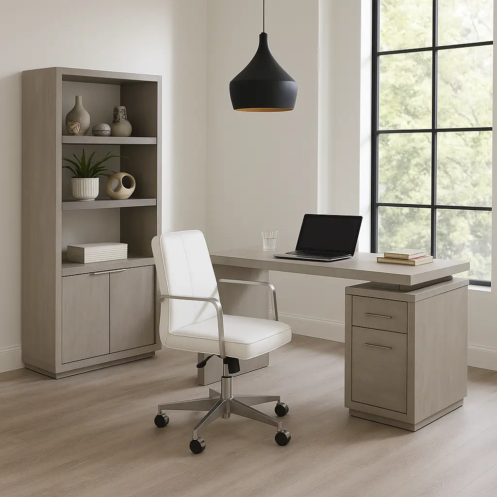 Solstice Modern Sturdy BIFMA-Certified Industrial Look Acacia Wood Computer Desk with 3 Ball-Bearing Wood Drawers, Office Commercial Furniture with Optional File Cabinet, Tall Bookcase or Chair