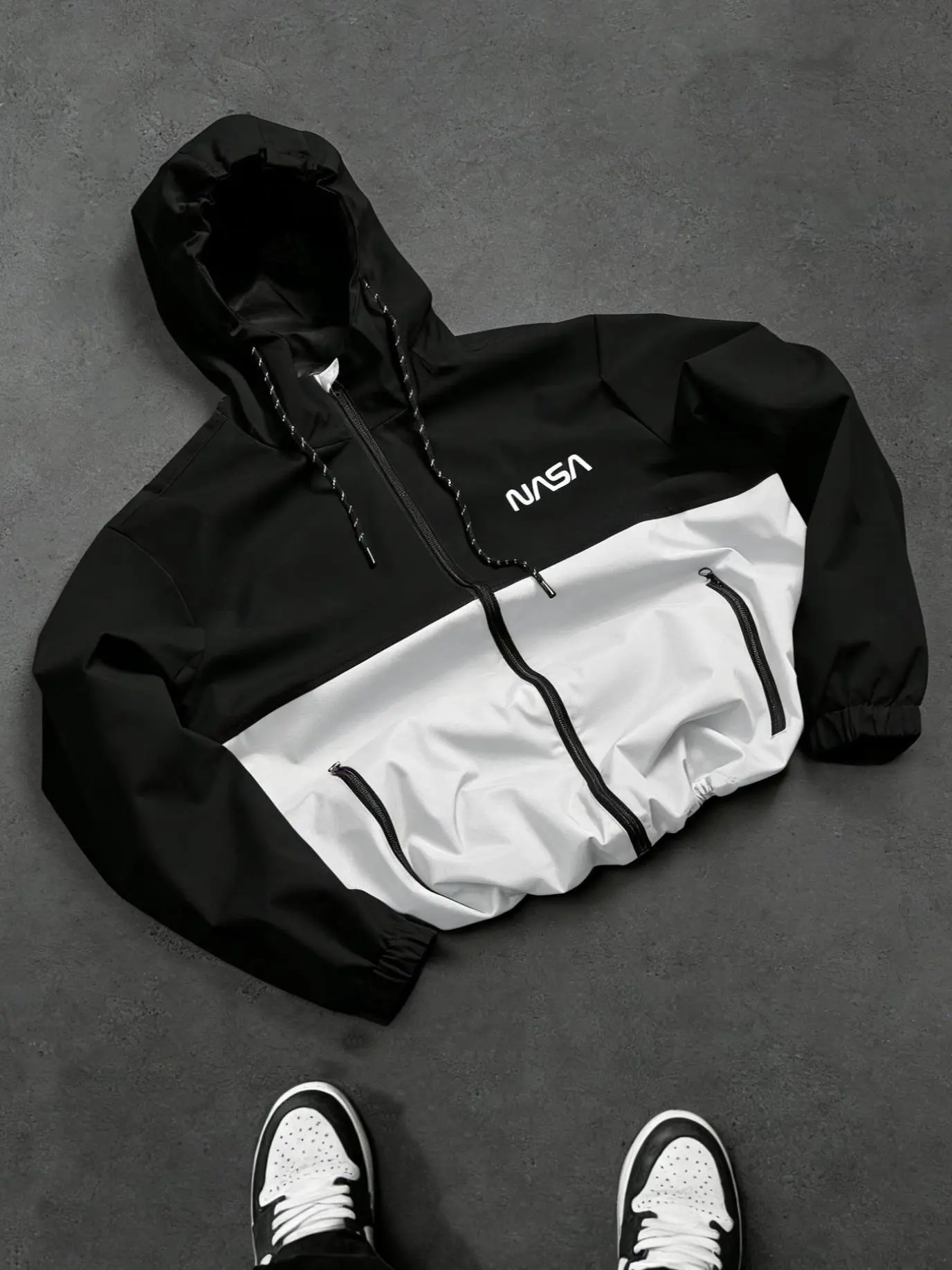 Men's Baggy Windbreaker, High-Street Color-Block Hooded Jacket with NASA Print for Casual Workwear, Fabric, Party, Chic, Machine Wash, Loose-Fit, Colorblocking, Biker, Cute, Korean, Patchwork, Retro, Vintage, Waterproof, Woven