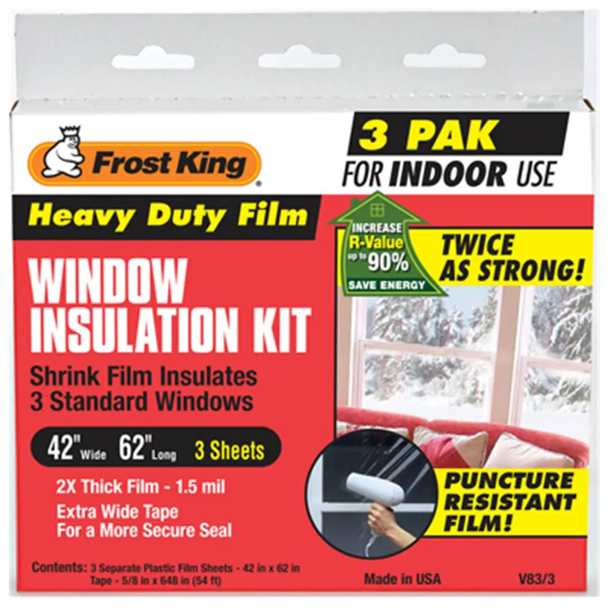 Thermwell V83-3 Energy-Saving, Heavy-Duty, No-Drilling Film Window Insulation Kit - 3-Pack, 42 x 62 in., Energy-Saving Window Films, Heavy-Duty Window Films