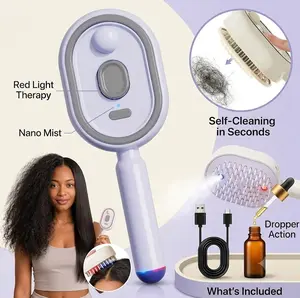 Electric Hair Brush with Nano Mist & Red Light Therapy - Self-Cleaning Detangling Scalp Massager