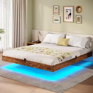 Queen Size Floating Bed Frame with LED Lights, Metal Floating Platform Bed, Under Bed Storage, No Box Spring Required, Easy to Assemble, Vintage Brown