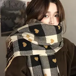 Unisex Plaid-Heart Tassel Scarf – Soft Warm Casual Shawl, Trendy Fall & Winter Fashion Accessory for Men & Women