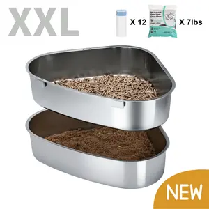 Stainless Steel Sifting Litter Box for Pine Pellets,Corner hack for small apartments,Corner Sifting Litter Box,Dual Layer Space Saving Triangle Design,With Scoop & Pine Litter,High Sided & Odor Control