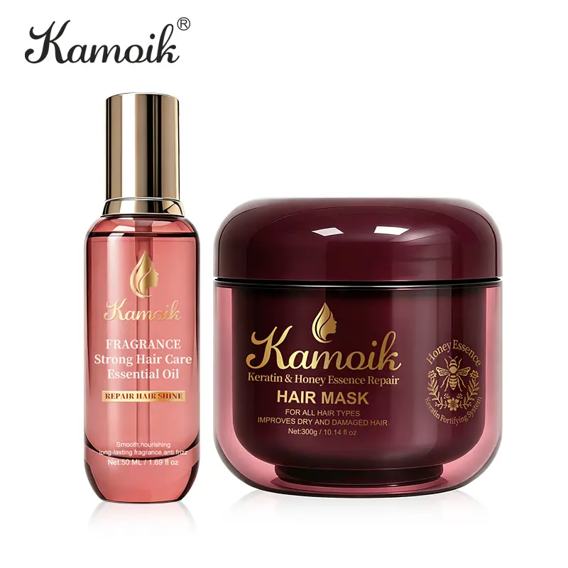 Kamoik Keratin & Honey Repair Hair Mask 300ml + Weightless Healing Hair Oil 50ml Set for Dry Damaged Hair – Deep Repair, Frizz Control, Silky Shine – All Hair Types – Paraben-Free Haircare