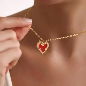 Gold Plated Red Enamel Fire Heart Pendant Necklace Dainty Heart Love Necklace Perfect Gift for Her Everyday Wear