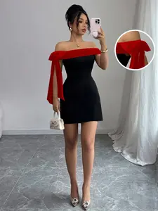 2026 Valentine's Day Elegant Fashion Chic Women's Bow Tie Off-Shoulder Dress, Color Block Design for Spring Summer Dating, Chic Short Skirt for Special Occasions