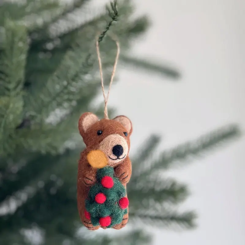 Handmade Craft Felted Wool Brown Bear Christmas Tree Ornament - Wool Felt Figurine & Miniature, Scarf-Accented Decorative Festive Home Decor, Approximately 3.5"