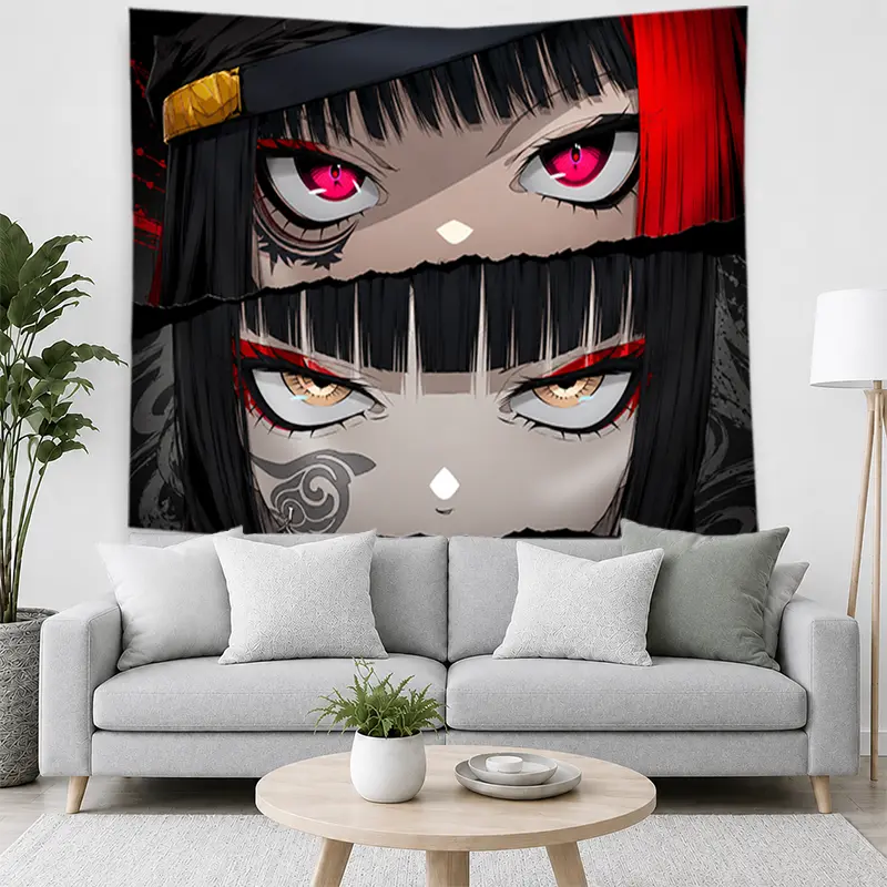 Anime Girl Eyes Portrait Tapestry - Red-Black-Gray Graphic Fabric Wall Hanging, Bold Fantasy Home Decor for Bedroom, Living Room, Dorm Gift