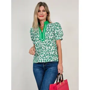 Short Puff Sleeve Split Neck Leopard Print Top