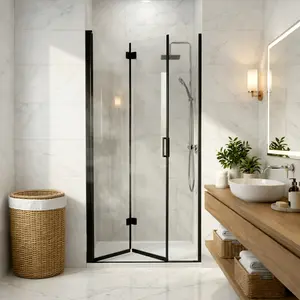 Matte Black Semi-Frameless Folding Pivot Hinged Bifold Shower Door, 34-35.2 in. W x 72 in. H, 1/4" (6mm) Tempered Glass, Reversible Installation for Bathroom