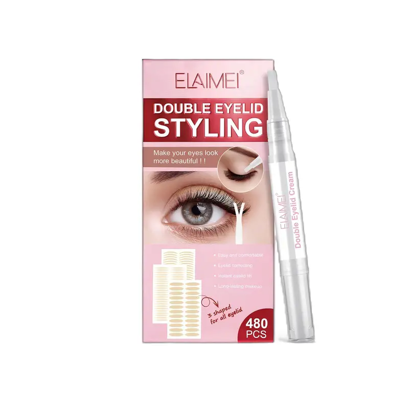 ELAIMEI Double Eyelid Tape Kit, Droopy Eyelid, 480Pcs Double Eyelid Strip, Big Eye Tools, Cosmetic Fork Rods & Tweezers Makeup Smooth