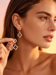 Hollow Out Clover Short Earrings, Lucky Four-Leaf Flower Ear Cuffs, Simple Stainless Steel Jewelry for Women