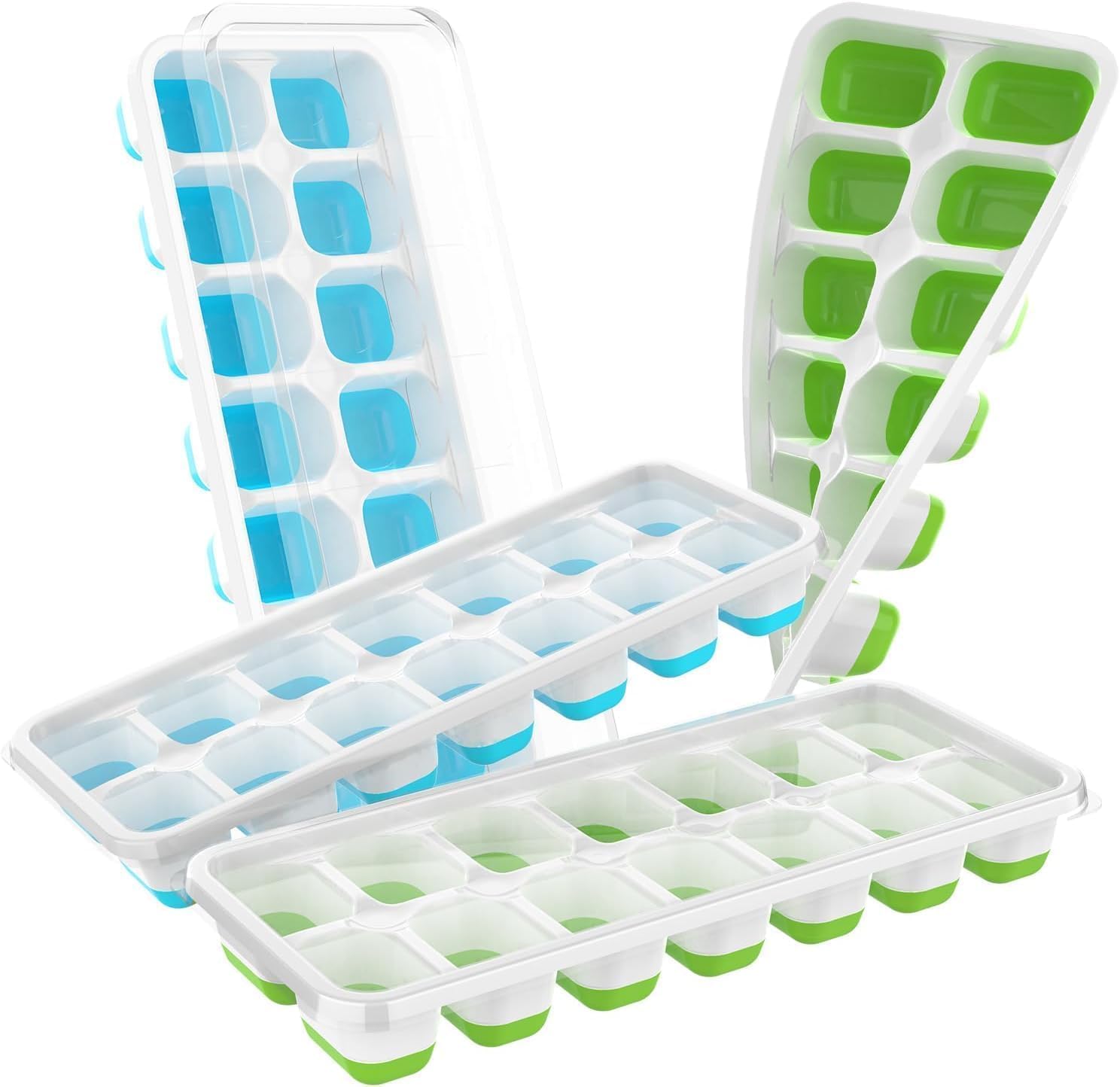 Ice Cube Tray with Lid, 4 Packs 56 Cubes Durable Stackable Ice Cube Trays for Freezer with Removable Lids, Easy-Release Plastic & Silicone Ice Tray for Cocktail, Coffee，blue and green