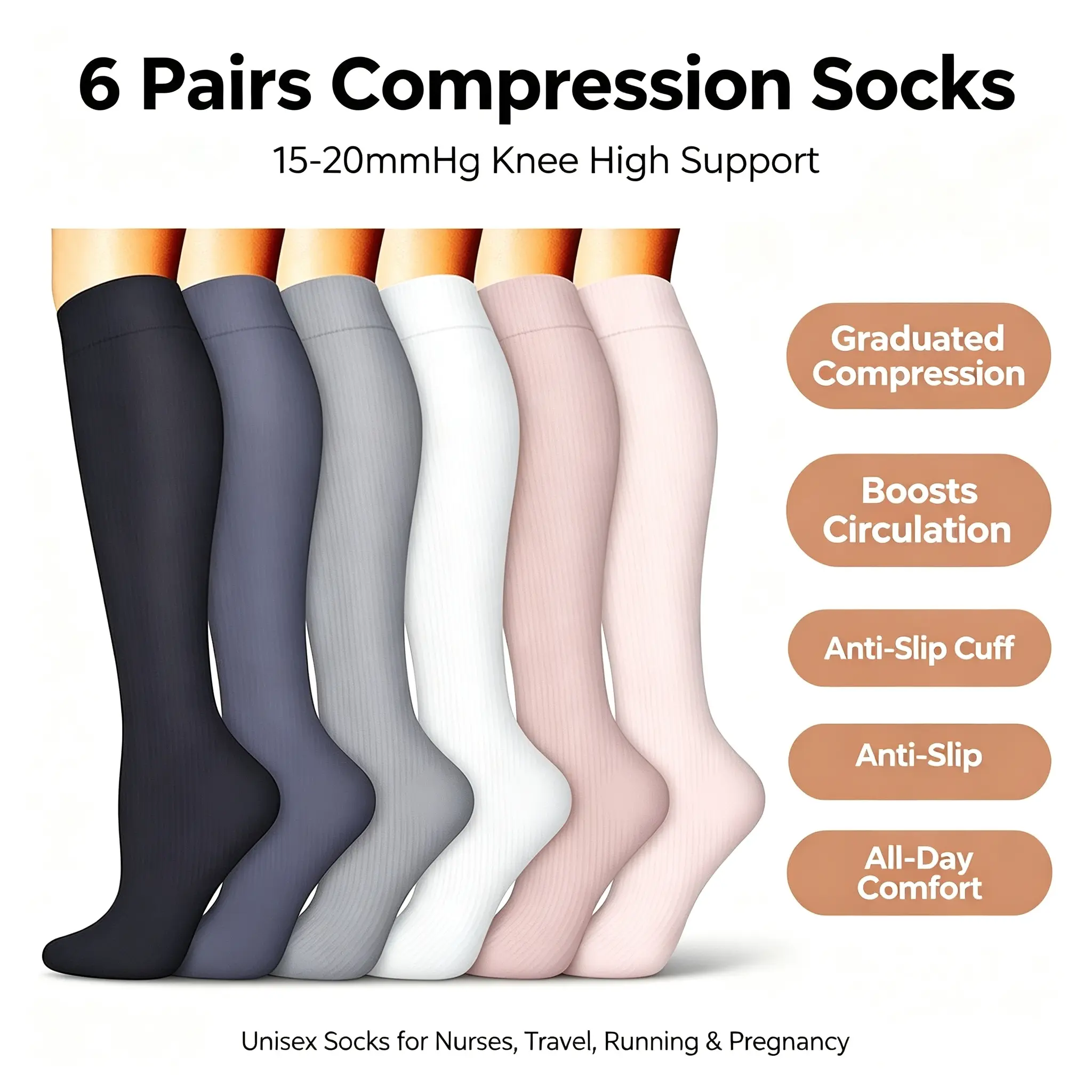 Unisex Ribbed Knee High Compression Socks (6 Pairs, 15-20mmHg) - Soft Stretch Compression Stockings for Blood Circulation, Swelling & Edema Relief, Ideal for Nurses, Gym Training, Road Trips, Pregnancy