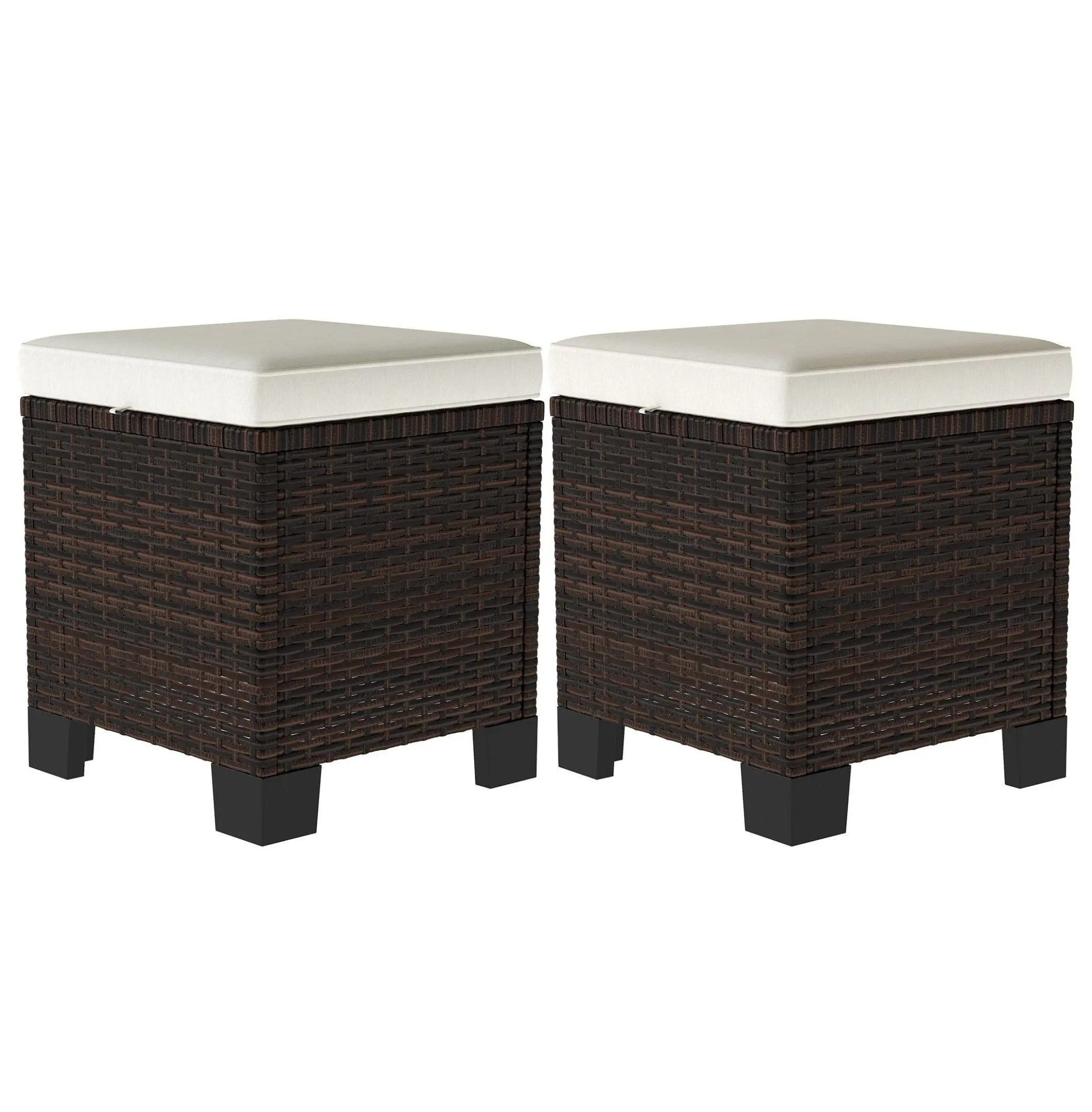 Cushioned Wicker Outdoor 2-Piece Set, Square Rattan Ottomans with Footrest & Side Table, Beige Patio Furniture, Two Piece Set