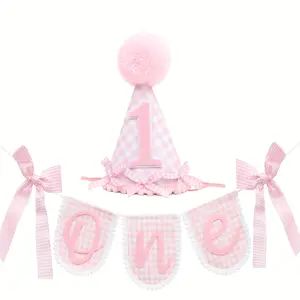 1pc First Birthday Party Decoration Set, Plaid Banner & Crown Hat, 80 Inch Long, Perfect Baby Shower Supplies, Birthday Gift Accessories, 5.5 Inches Tall