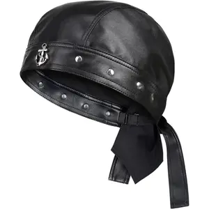 Adjustable Leather Skull Cap – Biker Motorcycle Do Rag Head Wrap Bandana Black Studded Skull Cap Headwrap