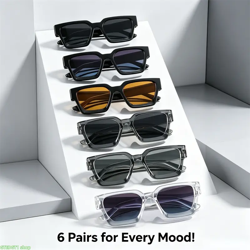 6 Pack Unisex Bold Square Polarized Sunglasses, Thick Clear Frame Lightweight Fashion Shades, Retro Glasses With Multi Color Lenses For Beach, Driving, City Walks And Summer Trips