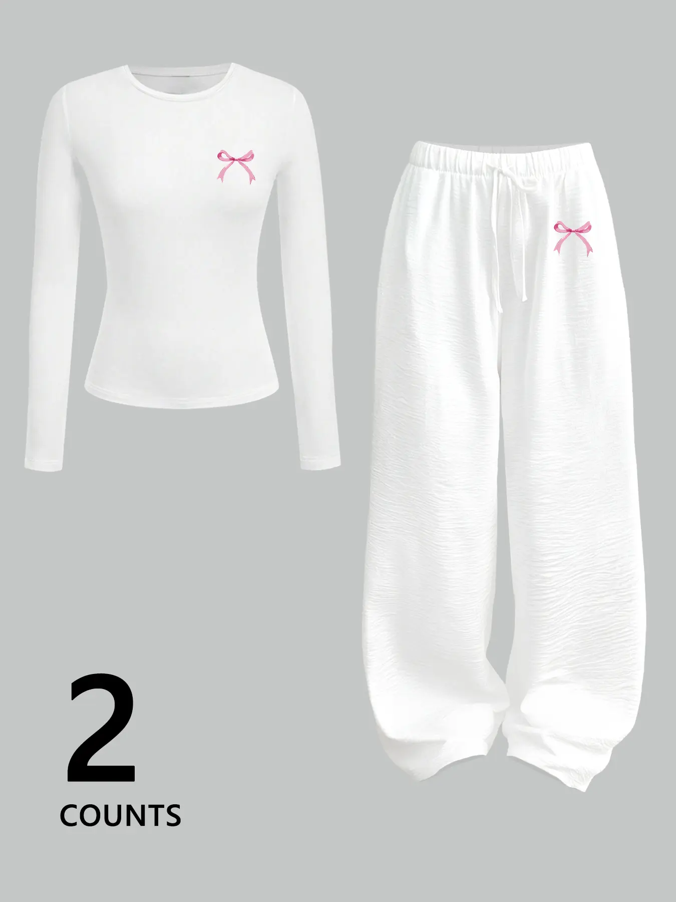 Elegant Women's 2-Piece Matching Set, Casual Bowknot Design, Fitted Knit Tee Top & Pants, All-Season Comfortable, Versatile Daily Wear, Womenswear