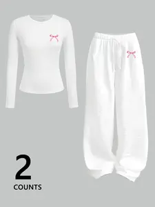 Elegant Women's 2-Piece Matching Set, Casual Bowknot Design, Fitted Knit Tee Top & Pants, All-Season Comfortable, Versatile Daily Wear, Womenswear