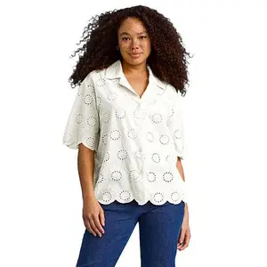 Hue Button Down Eyelet Top with Scalloped Trim