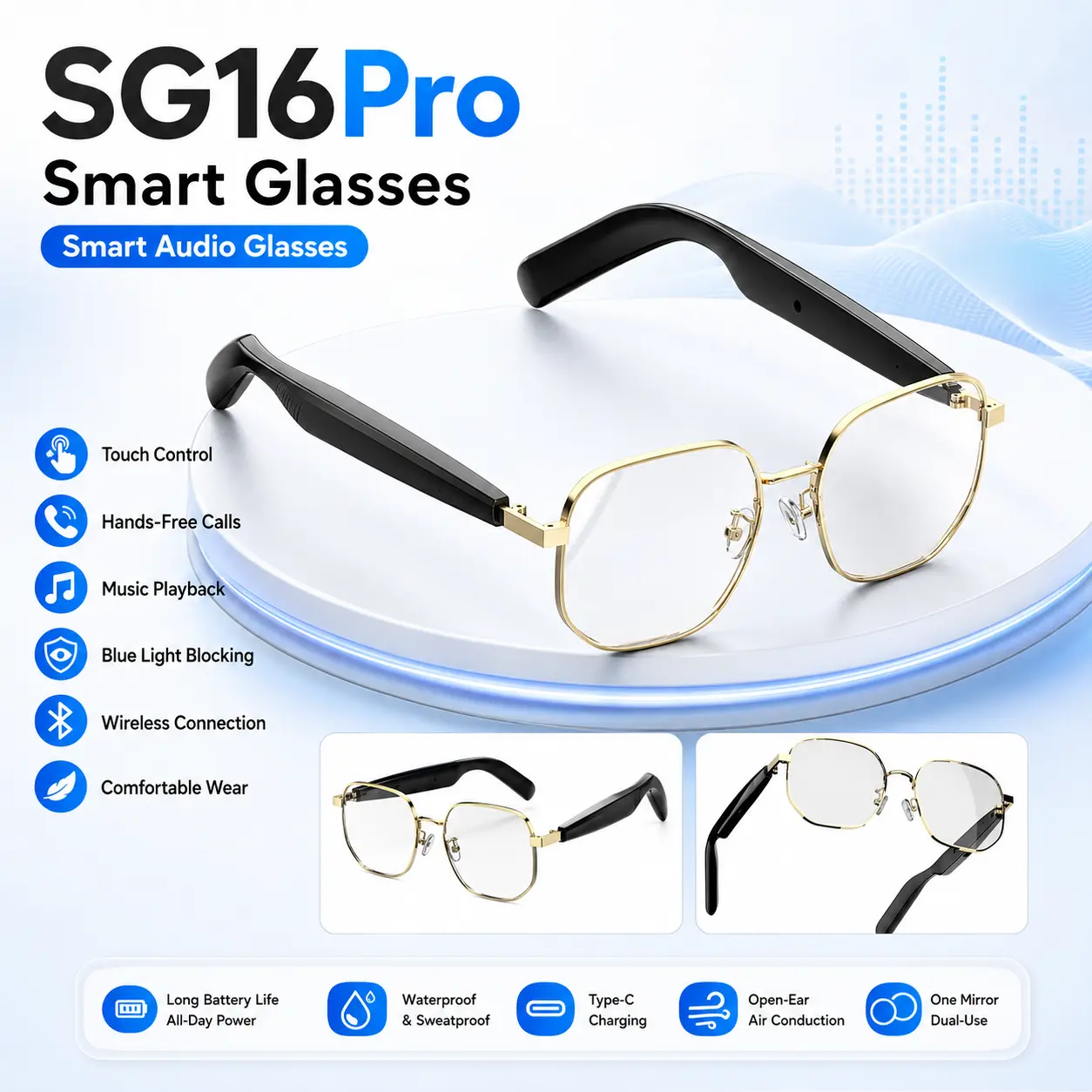 SG 16 PRO Lightweight Modern Touch-Control Wireless Audio Smart Glasses, Wearable Bluetooth Device with Built-in Microphone & Speaker, UV Protection, Digital Black