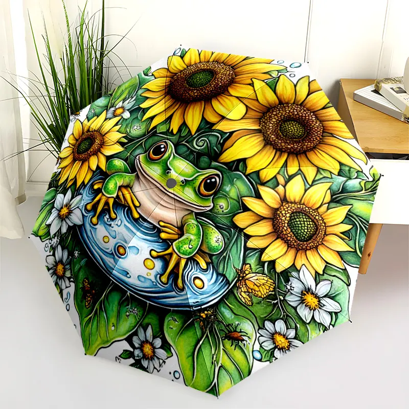1 PC Automatic Folding Umbrella - Frog and Sunflowers Garden Scene Pattern, Portable & Foldable Design with 8 Ribs, Merry Christmas Pattern,Casual Outdoor Accessory Halloween and Christmas Birthday Gifts. H0074