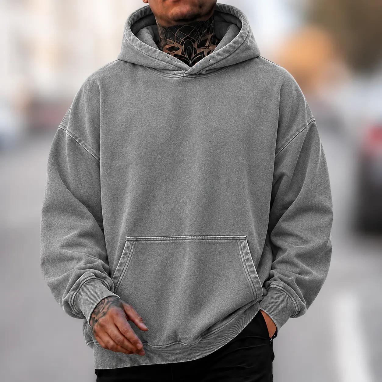 Men’s washed vintage solid-color pullover hoodie—loose fit, plus size, heavy fleece with kangaroo pocket; street casual hoodie for everyday wear in spring and autumn; heavy washed cotton sweatshirt.