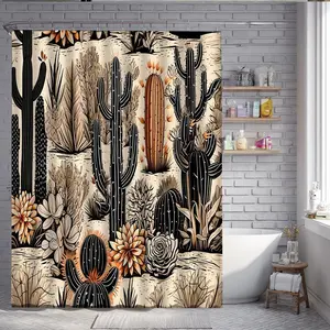 1pc Rustic Desert Cactus Shower Curtain - Southwestern Desert Landscape Design with Saguaro Cacti & Wildflowers Beige/Brown/Black/Brown Retro Bathroom Decor with Hooks Machine Washable Fabric for Easy Care