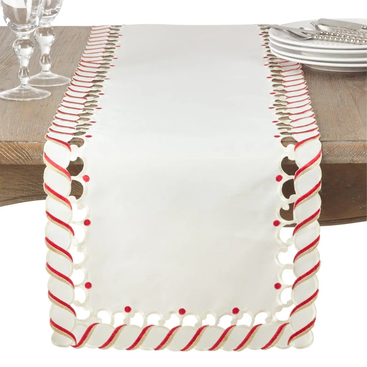 Saro Lifestyle 1633.I1690B 16 x 90 in. Candy Cane Design Christmas Holiday Table Runner, Ivory