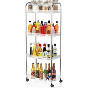 4 Tier Kitchen Bathroom Storage Rolling Cart 39 Inches Tall Slim Utility Rolling Shelf Cart with 4 Universal Wheels Coner Storage Shelves Cart (Acrylic)