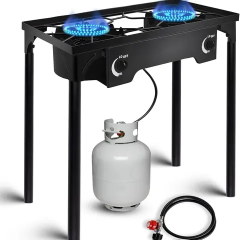 2-Burner Portable Propane Gas Stove - 150,000 BTU Output Metal Outdoor Cooking System, Detachable Legs, Sturdy Frame, Independent Flame Control, Fast & Even Heat, Safe Regulator for Camping, Tailgating